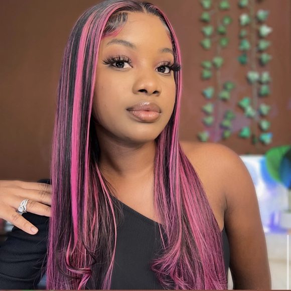 Megalook Human Hair Transparent 13x4 Lace Front Wig Purple Highlights 24 inch - Picture 5 of 11